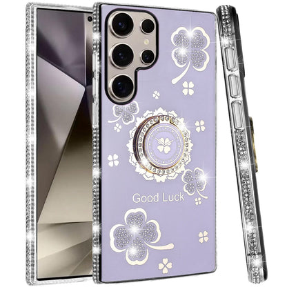 For Samsung Galaxy S25 Ultra Diamonds Bling All Around Edges Sparkly Glitter Hybrid with Ring Stand Holder Fashion Good Luck Case Cover