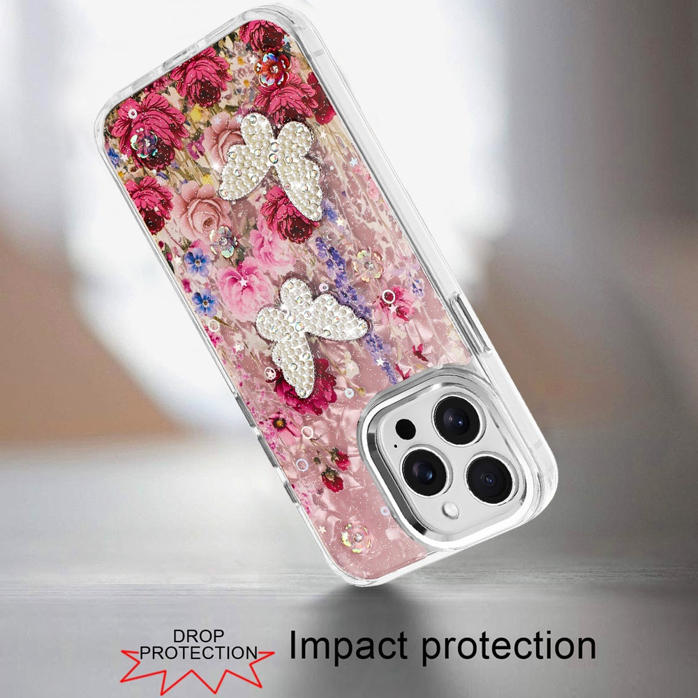 For Apple iPhone 13 Pro Max Epoxy Glitter Flowers Bling 3D Butterfly Fashion TPU Hybrid with Shockproof Protection Case Cover