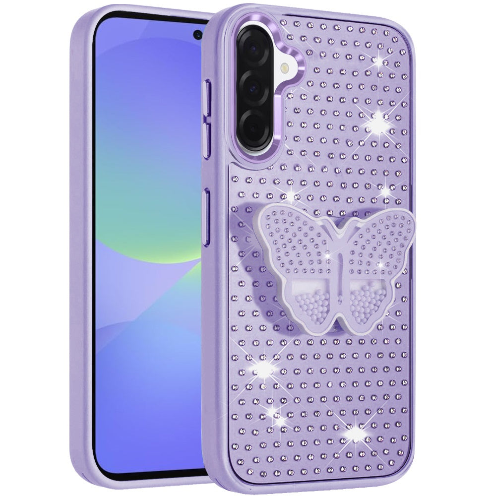 For Samsung Galaxy A37 Butterfly Moveable Grip 3D Pop Stand Full Diamond Bling Sparkling TPU Fashion Hybrid Case Cover