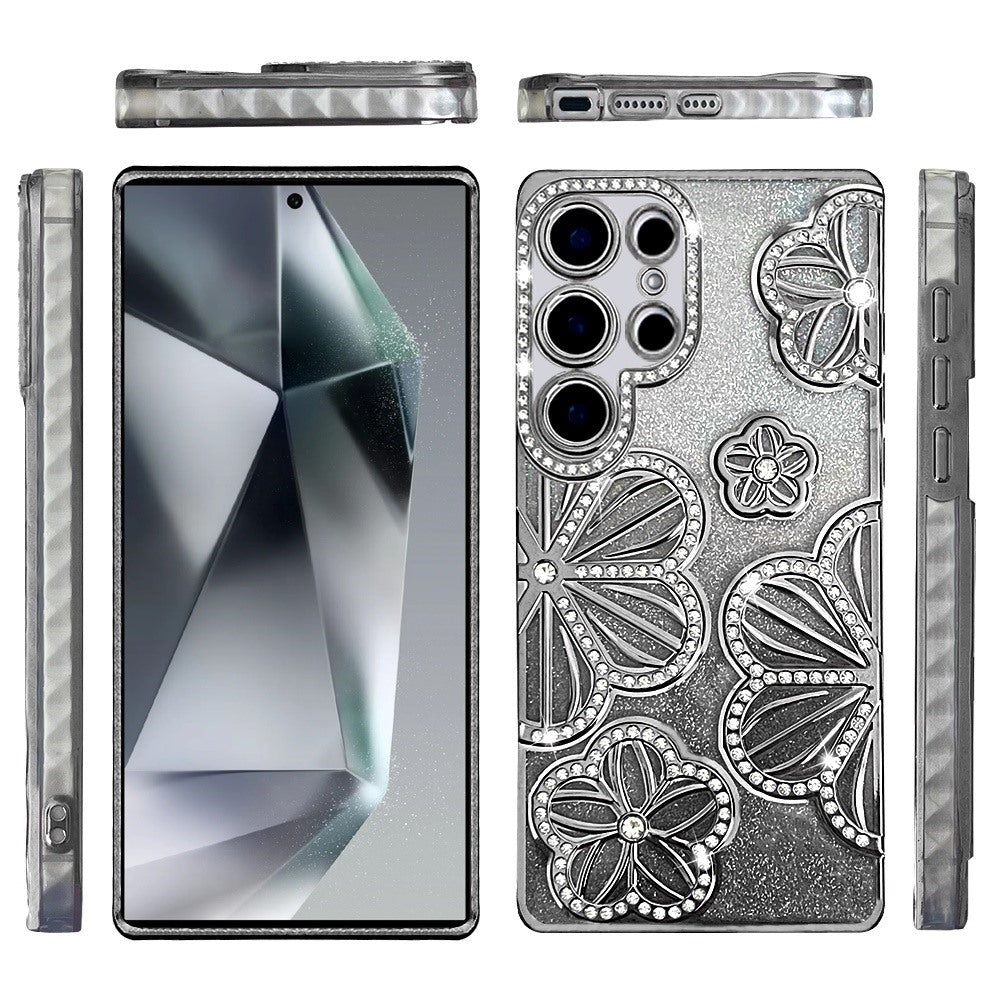For Samsung Galaxy S24 Ultra Luxury Flower Design Sparkle Glitter Diamond Rhinestone Shimmer Bling Plating Thick TPU Hard PC Case Cover