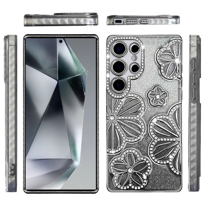 For Samsung Galaxy S24 Ultra Luxury Flower Design Sparkle Glitter Diamond Rhinestone Shimmer Bling Plating Thick TPU Hard PC Case Cover