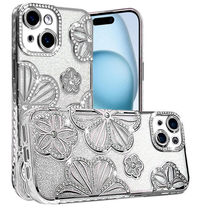 For Apple iPhone 15 Pro Max Luxury Flower Design Sparkle Glitter Diamond Rhinestone Shimmer Bling Plating Thick TPU Hard PC Case Cover