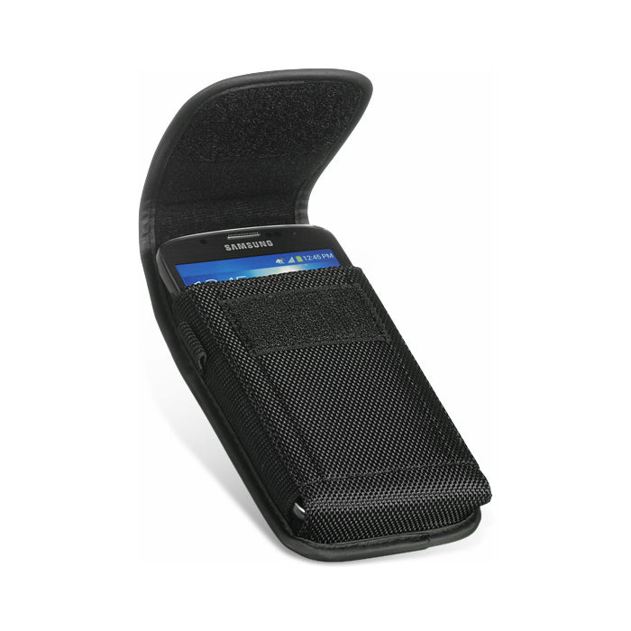 For Apple iPhone 16 Pro (6.3") Universal Pouch Case Vertical Phone Holster Durable Nylon Cover with Belt Clip Loop, Velcro & Hook Carabiner [Black]