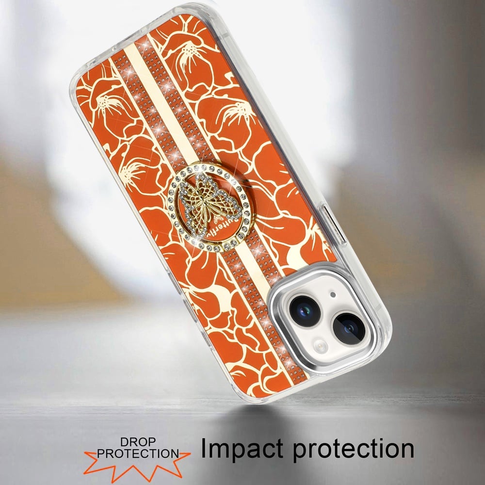For iPhone 14/13 (6.1") Diamonds 3D Butterfly Floral Design Bling Sparkly Glitter Hybrid Metal Fashion with Ring Stand Case Cover Cosmic Orange