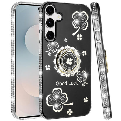 For Samsung Galaxy S26 Diamonds Bling All Around Edges Sparkly Glitter Hybrid with Ring Stand Holder Fashion Good Luck Case Cover
