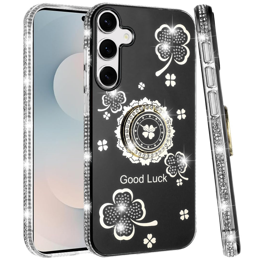For Samsung Galaxy S26+ / S26 Plus Diamonds Bling All Around Edges Sparkly Glitter Hybrid with Ring Stand Holder Fashion Good Luck Case Cover
