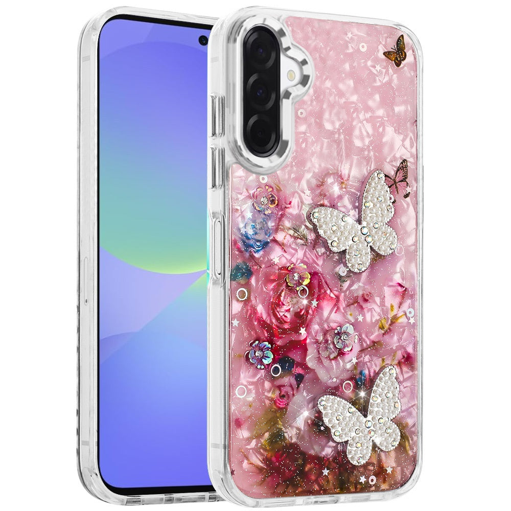 For Samsung Galaxy A37 Epoxy Glitter Flowers Bling 3D Butterfly Fashion TPU Hybrid with Shockproof Protection Case Cover