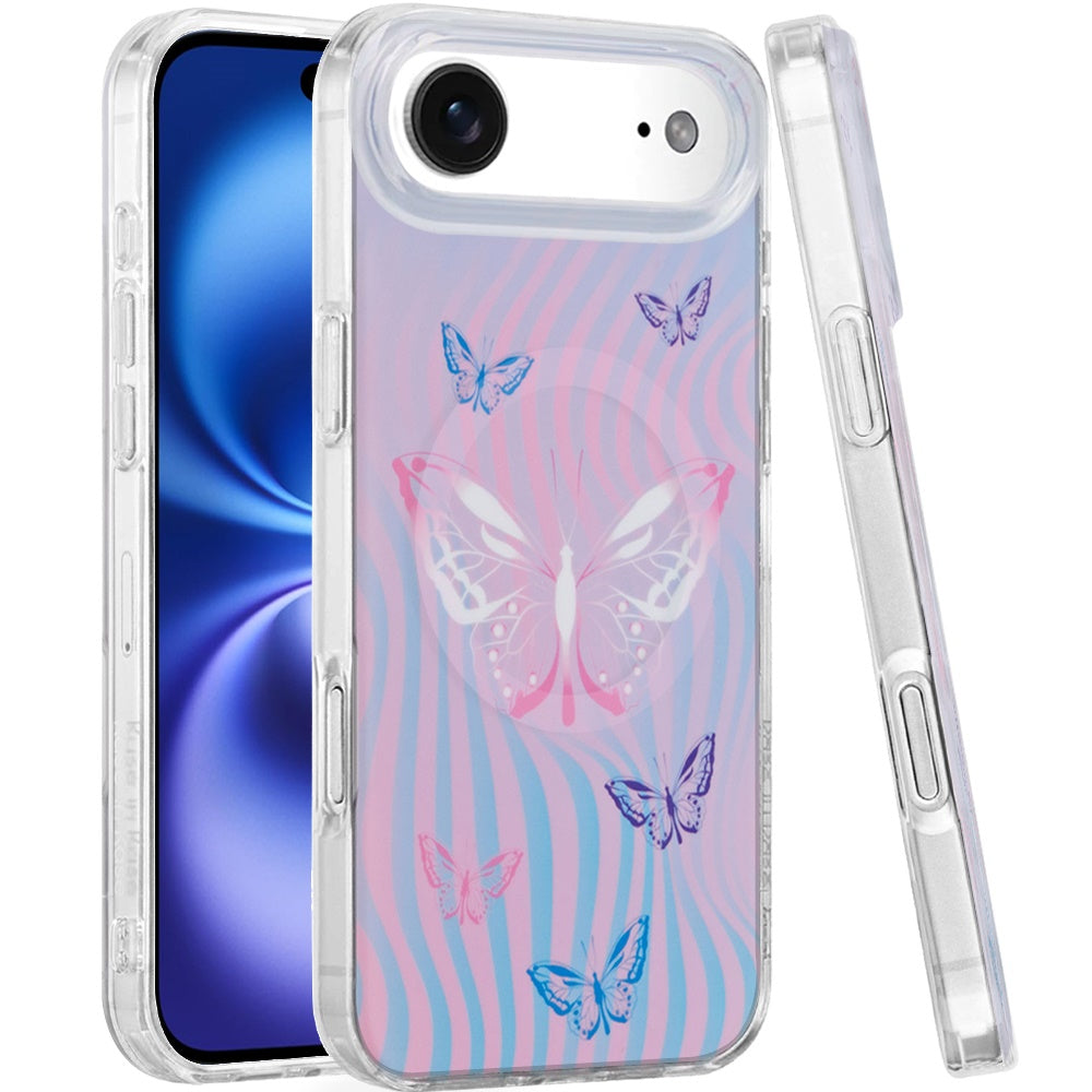 For Apple iPhone 17 Pro Max Stylish Pattern Fashion IMD Printed Design TPU Double Layer Slim Shockproof with Magnetic Back Case Cover Pink Butterfly