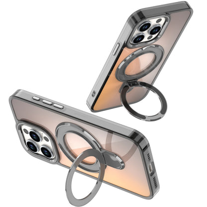For iPhone 16 Pro Max (6.9") Chrome Hybrid with Rotating Magnetic Circle Ring Stand, Slim Shockproof Hybrid Protector Cosmic Orange