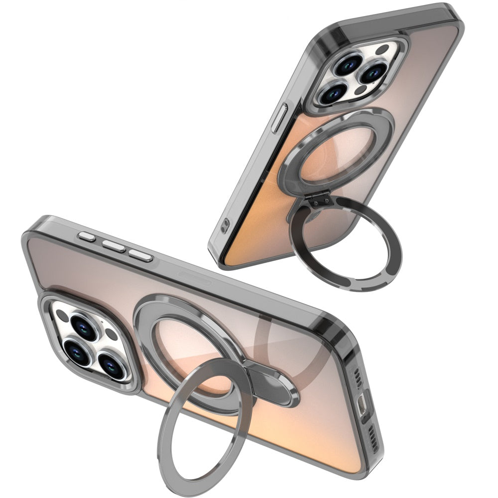 For Apple iPhone 15 Plus /14 Plus Chrome Hybrid with Rotating Magnetic Circle Ring Stand, Slim Shockproof Hybrid Case Cover