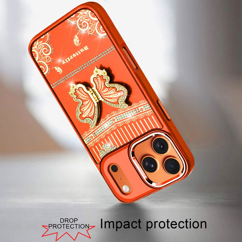 For Apple iPhone 17 Pro (6.3") Glitter 3D Butterfly Design Bling Metallic Edge Hybrid Stand Drop Protection TPU Shockproof Case Cover
