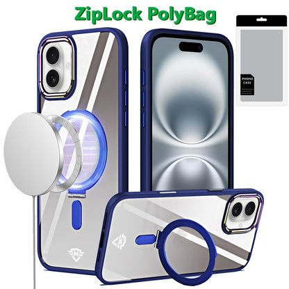 For Apple iPhone 16 Plus Magnetic Ring Stand Hybrid MagSafe Compatible Shockproof Protection Transparent Back Alloy Chrome Grip Case Cover Navy Blue