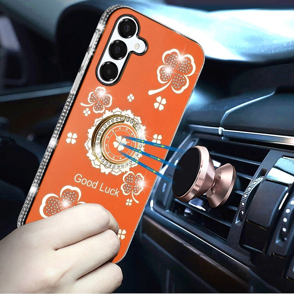 For Samsung Galaxy A16 5G Diamonds Bling All Around Edges Sparkly Glitter Hybrid with Ring Stand Holder Fashion Good Luck Case Cover Cosmic Orange
