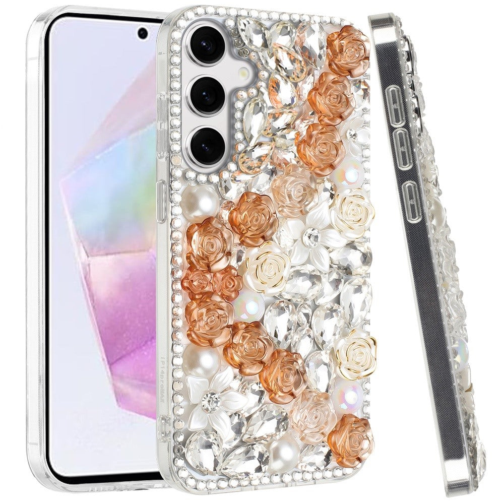 For Samsung Galaxy A36 Fashion Rose Flower Floral Bling Crystal 3D Full Diamonds Pearl Sparkle Rhinestone Glitter Hybrid Case Cover