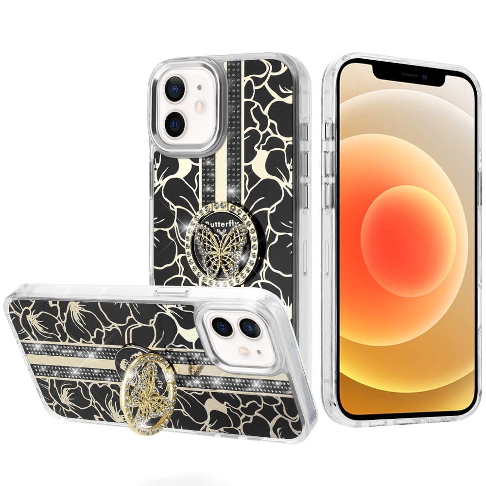 For iPhone 12 / iPhone 12 Pro (6.1") Diamonds 3D Butterfly Floral Design Bling Sparkly Glitter Hybrid Metal Fashion with Ring Stand Case Cover