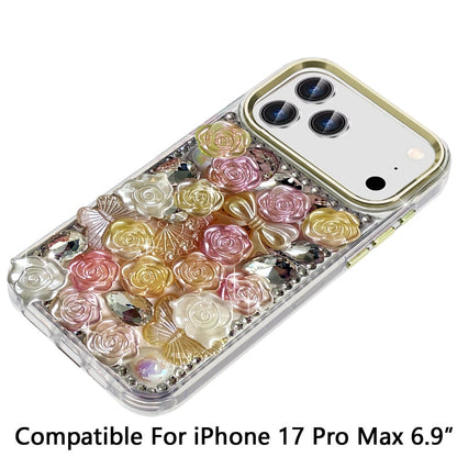 Phone Case for Apple iPhone 17 Pro Max (6.9") 3D Flower Bling Rhinestone Glitter Cute Stylish Shockproof Protective Decorative Luxury Grip Stones Ornaments Cover Orange