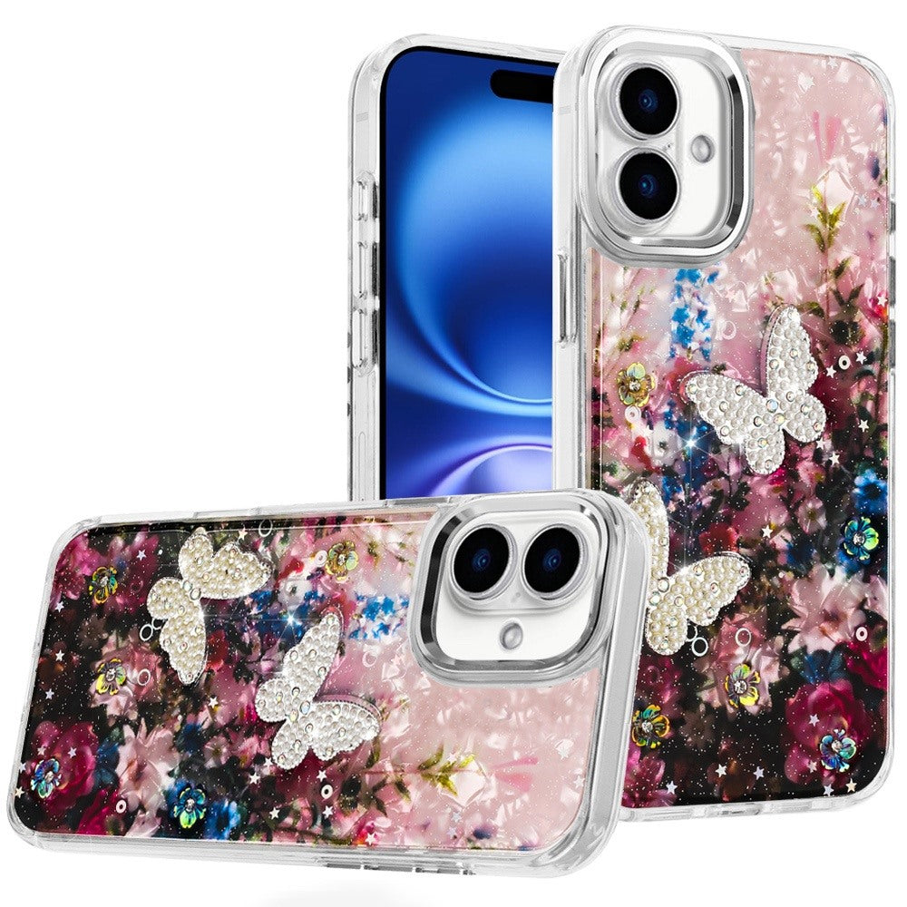 For Apple iPhone 17 (6.3") Epoxy Glitter Flowers Bling 3D Butterfly Fashion TPU Hybrid with Shockproof Protection Case Cover