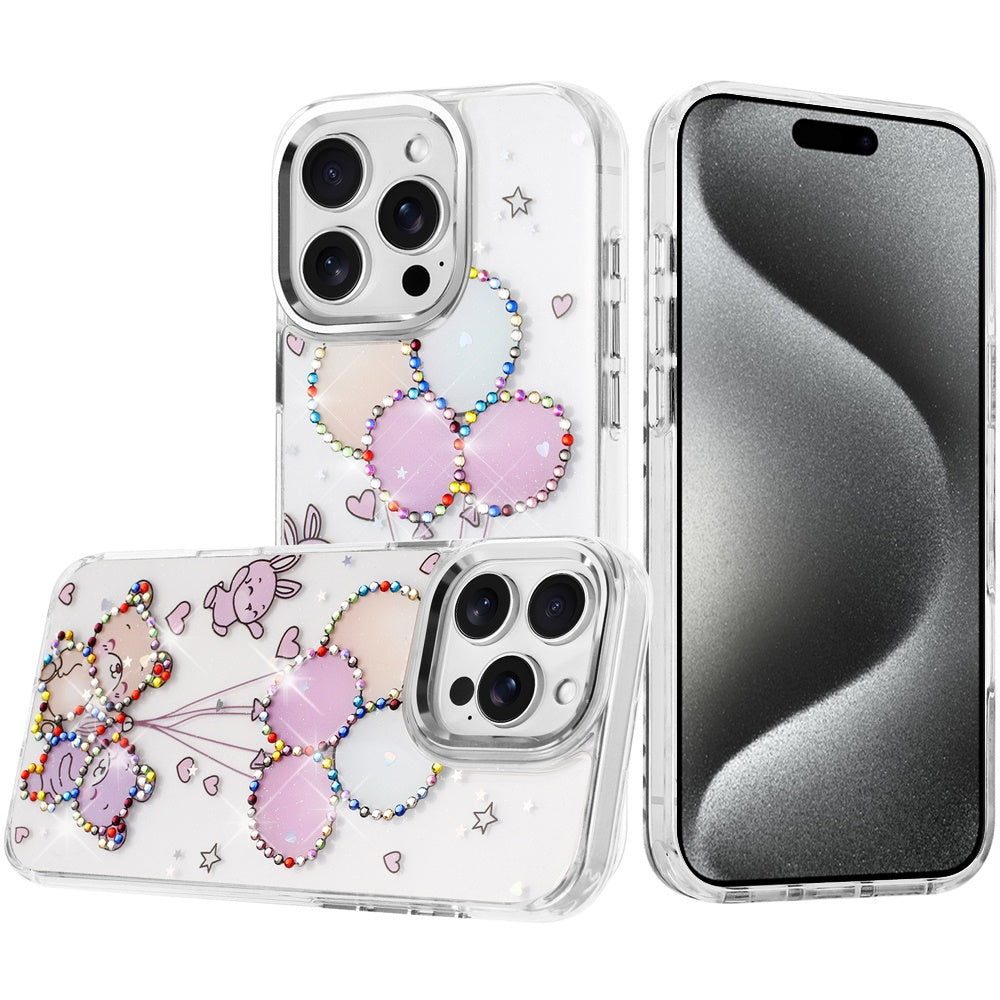 For Apple iPhone 15 Pro Max Butterfly Resin Epoxy Diamond Design Metal Edged Hybrid Shockproof Heavy Duty Drop Protection Case Cover