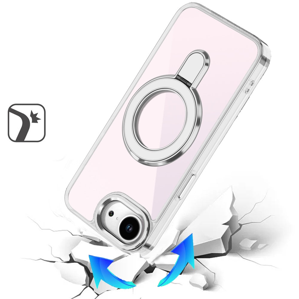 For Apple iPhone 16e Chrome Hybrid with Rotating Magnetic Circle Ring Stand, Slim Shockproof Hybrid Case Cover