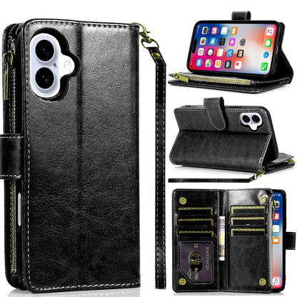 For Apple iPhone 17E /16E Leather Wallet Case with Zipper, 9 Card Slots, Cash Pocket, Stand & Strap, Clutch Pouch Design Case Cover Black