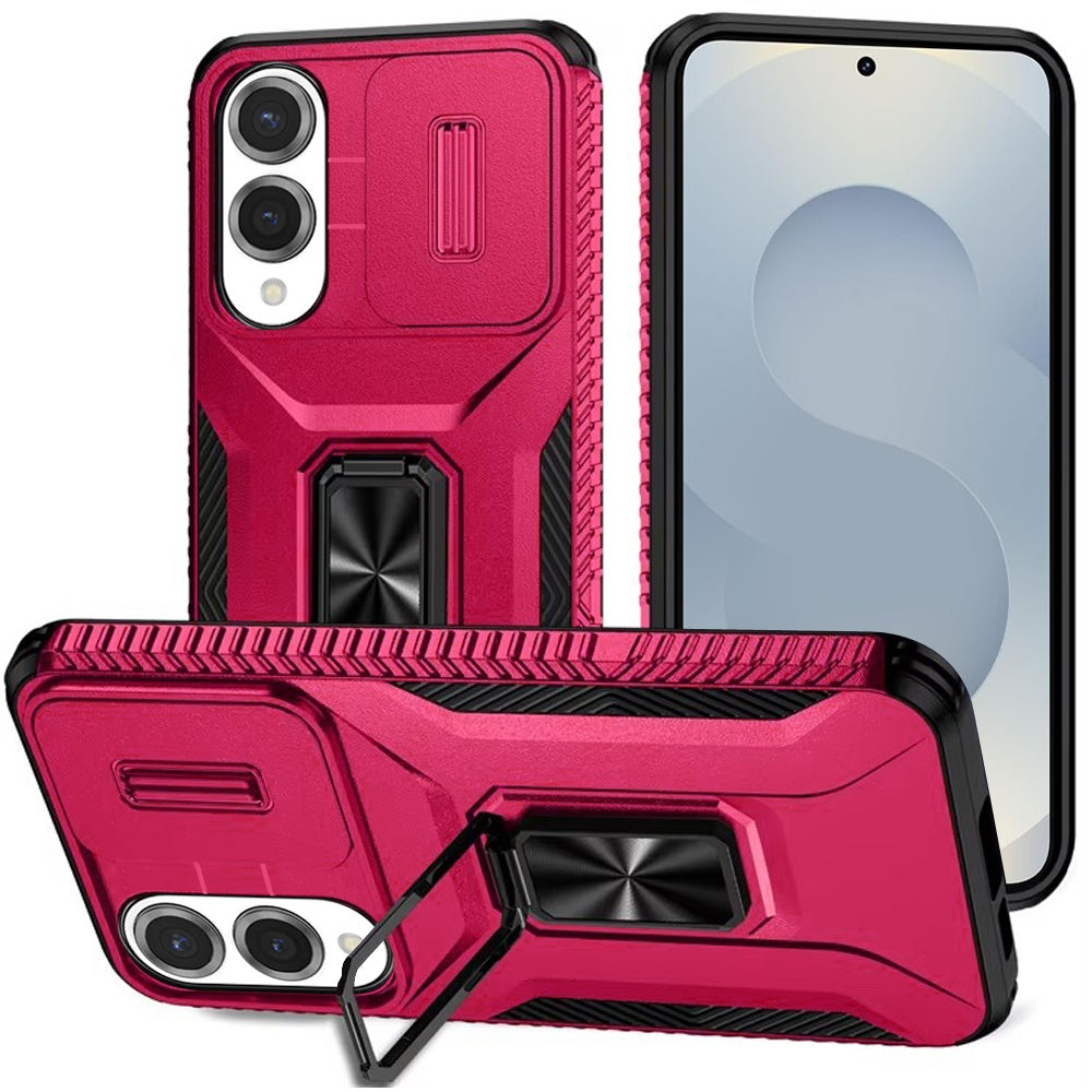 For Samsung Galaxy S25 EDGE Case, Camera Cover with Magnetic Rotation Ring Stand, Military Grade Hybrid Hard TPU Shockproof Case Cover Hot Pink