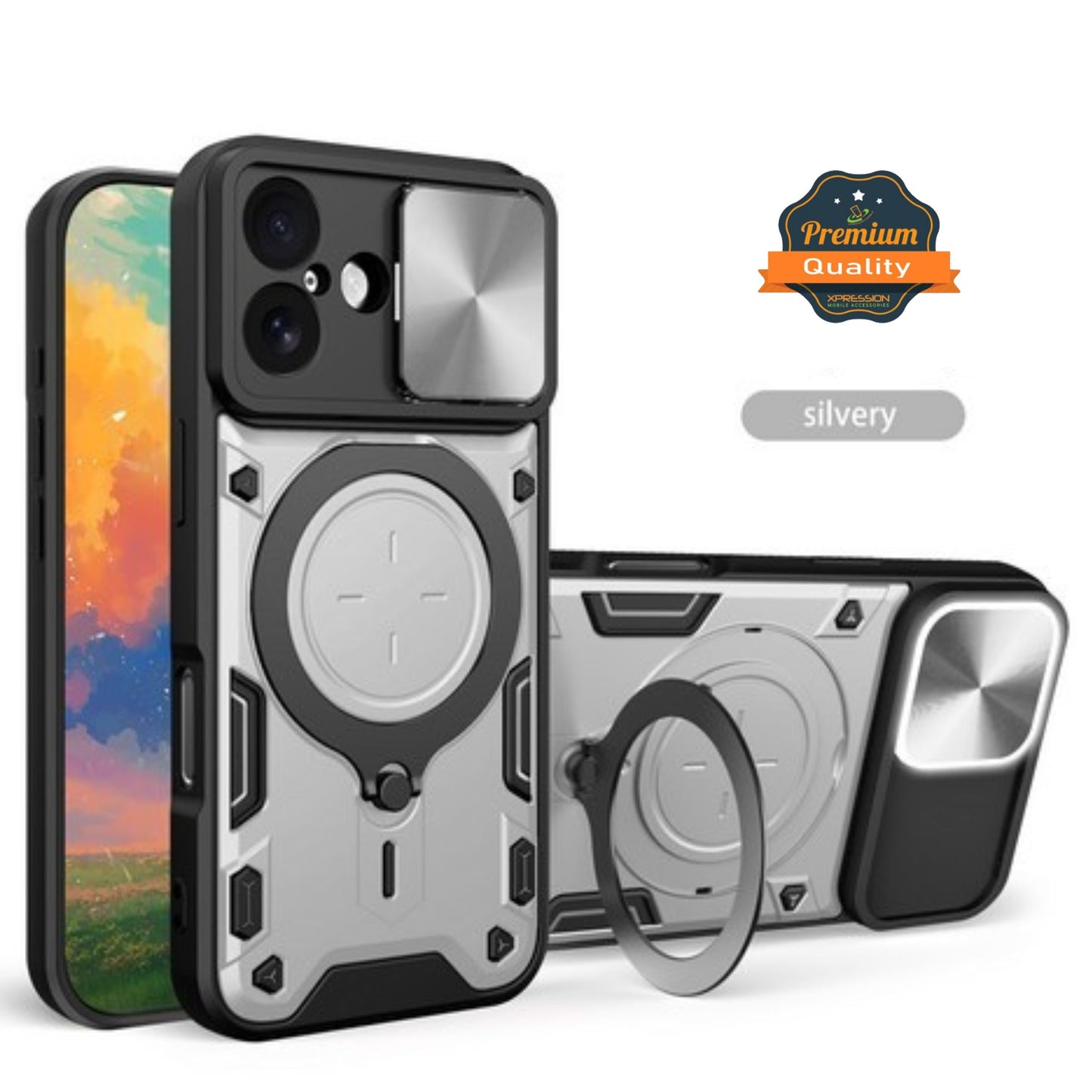For Apple iPhone 17 Hybrid Shockproof with Magnetic Ring Stand, Compatible with Magsafe & Sliding Camera Lens Protector Case Cover