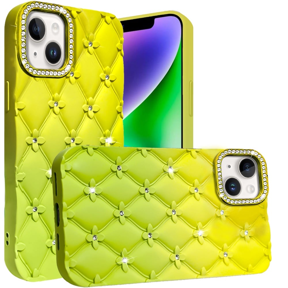 For iPhone 14/13 (6.1") Fashion Flower Design Sparkle Glitter Shimmer Rhinestone Bling Floral Accents, Leather Texture TPU Case Cover Light Green/Teal