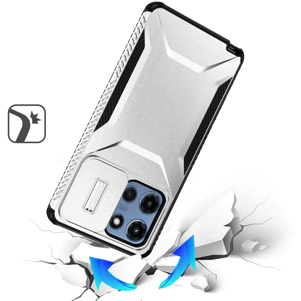 For Motorola Moto G Stylus 5G 2025 Slim Fit Shockproof Hybrid with Slide Camera Window Covering, Rugged Tpu Silicone Hard PC Bumper Case Cover Silver