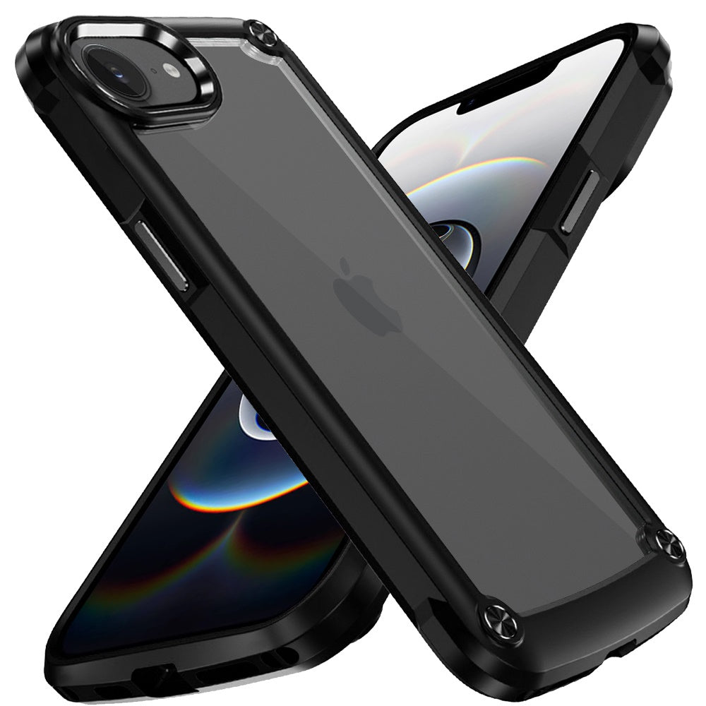 For Apple iPhone 17E /16E Hybrid Transparent Rubber with Metal Buttons & Camera Edges Hard TPU Corner Frame Bumper Case Cover