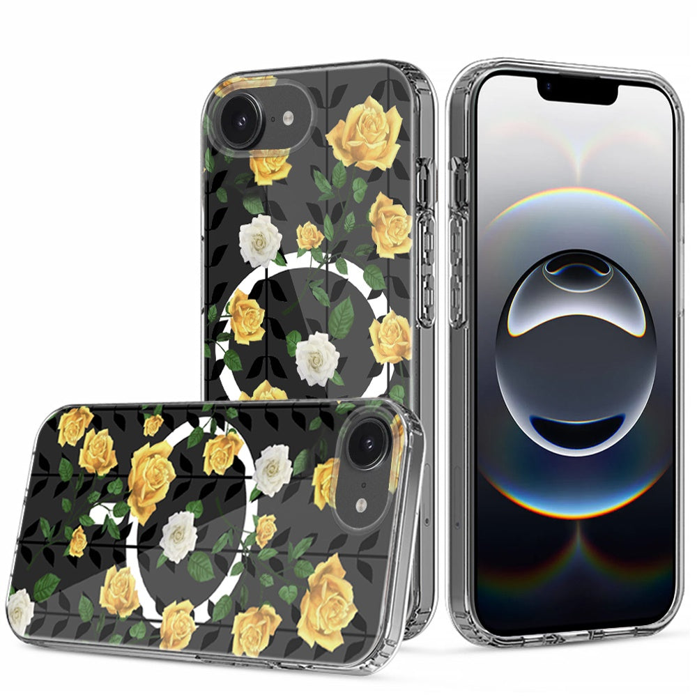 For Apple iPhone 16e Hybrid Flower Design Stylish Fashion Case, MagSafe Compatible, Thick Shockproof Hard PC Case Cover