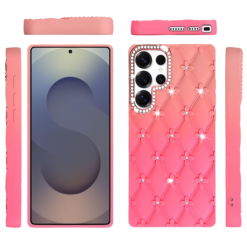 For Samsung Galaxy S26 Ultra Fashion Flower Design Sparkle Glitter Shimmer Rhinestone Bling Floral Accents, Leather Texture TPU Case Cover