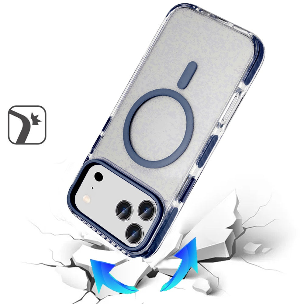 For Apple iPhone 17 Pro Max Transparent Hybrid with Color-Matched Magnetic Circle, Rubber TPU Frame Hard PC Shockproof Case Cover Blue