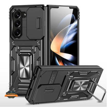 For Samsung Galaxy Z Fold 7 Hybrid Magnetic Ring Stand Case with Slide Camera Lens Protection, TPU Rubber Shockproof Case Cover