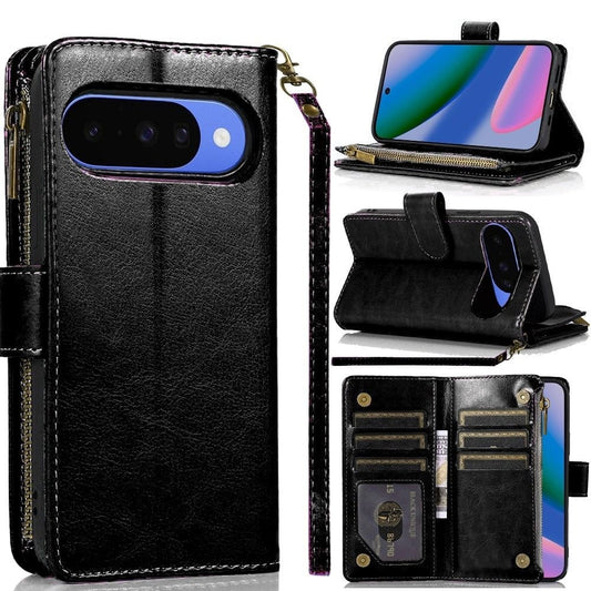 For Google Pixel 10 / 10 Pro Leather Wallet Case with Zipper, 9 Card Slots, Cash Pocket, Stand & Strap, Clutch Pouch Design Case Cover Black