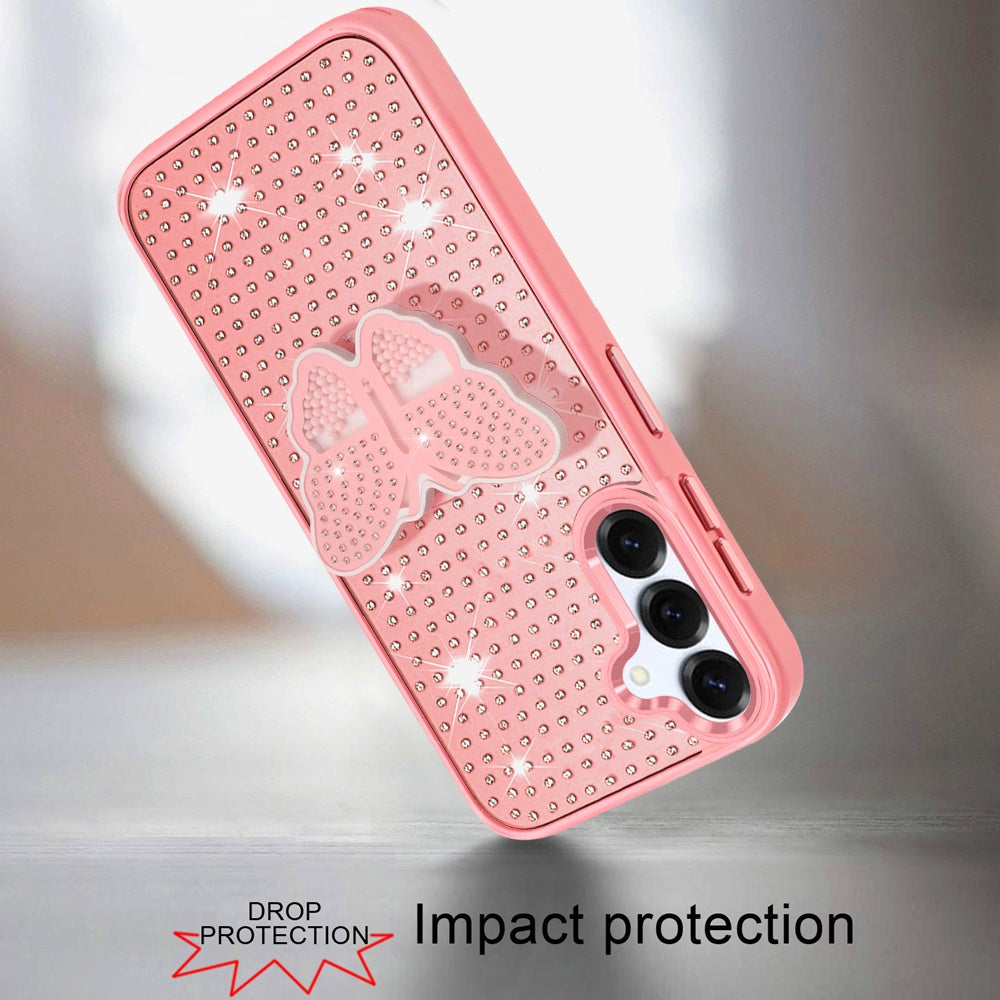 For Samsung Galaxy A36 Butterfly Moveable Grip 3D Pop Stand Full Diamond Bling Sparkling TPU Fashion Hybrid Case Cover