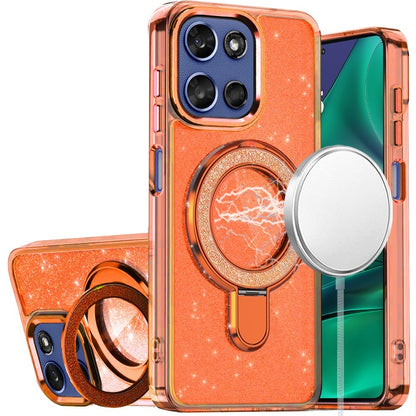 For Motorola Moto G 5G 2026/2025 Transparent Glitter Bling Case with Rotating Magnetic Ring Stand, Shockproof Hybrid Case Cover Cosmic Orange