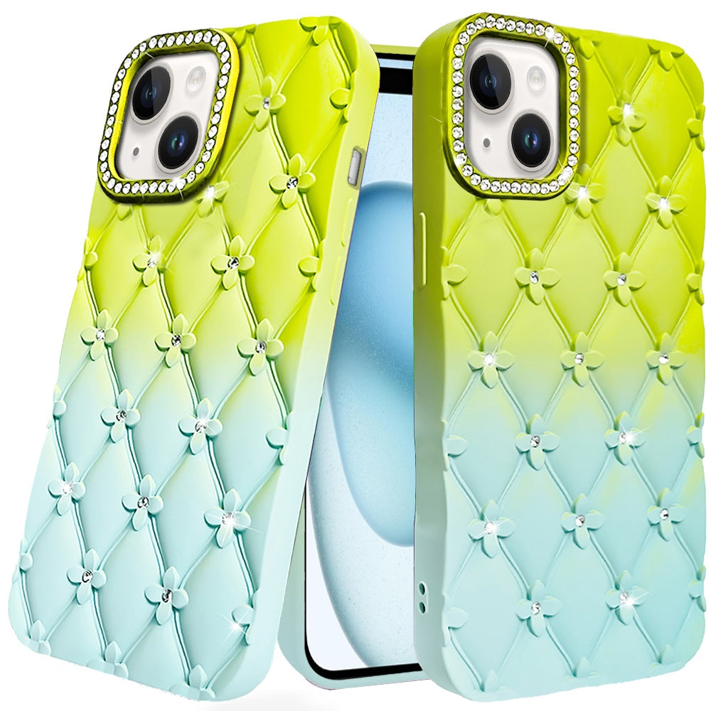 For iPhone 15 (6.1") Fashion Flower Design Sparkle Glitter Shimmer Rhinestone Bling Floral Accents, Leather Texture TPU Case Cover Light Green/Teal