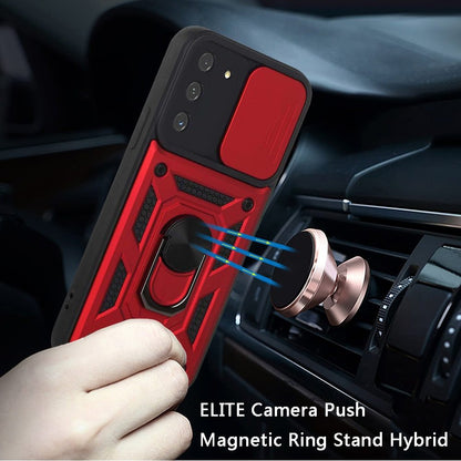 For Samsung Galaxy S21 Hybrid Case with Slide Camera Lens Cover, Ring Kickstand, Heavy-Duty Dual Layer TPU, Fit Magnet Car Mount Case Cover Red
