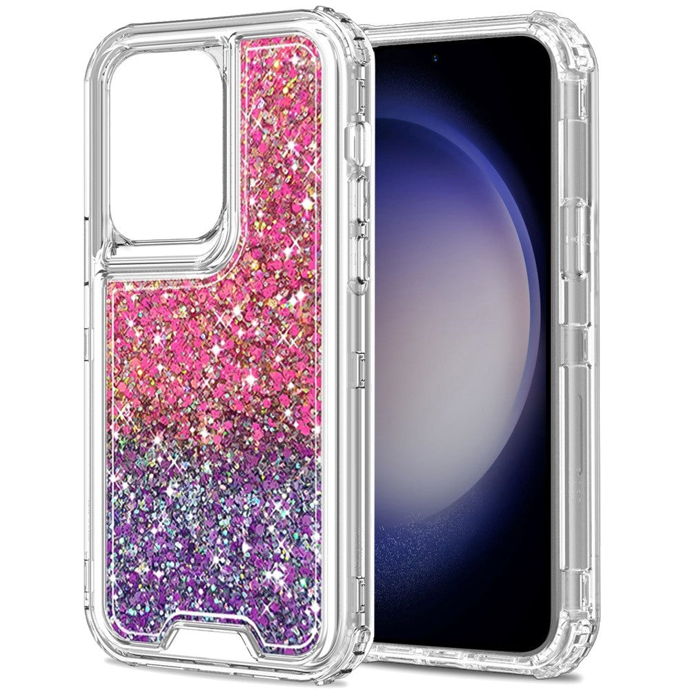 For Samsung Galaxy S23 Ultra Epoxy Bling Glitter Sparkly 3-in-1 Transparent Hybrid Full-Body Shockproof PC Bumper Case Cover Hot Pink+Purple