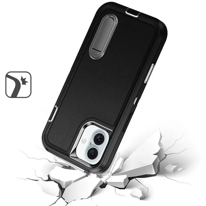 For iPhone XR Hybrid 3 Layers Hard 3in1 Shockproof with Kickstand Heavy Duty Hard TPU Rubber Anti-Drop Case Cover Black +Black