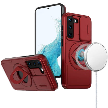 For Samsung Galaxy S21 FE /Fan Edition Full Coverage with Camera Window, Magnetic Circle, Rotatable Ring Stand, MagSafe Compatible, Shockproof Hybrid Protectiv Case Cover Red