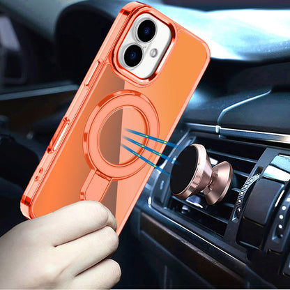 For Apple iPhone 17 (6.3") Chrome Hybrid with Rotating Magnetic Circle Ring Stand, Slim Shockproof Hybrid Case Cover Cosmic Orange