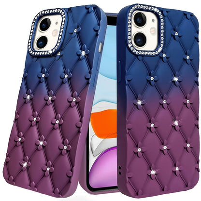 For Apple iPhone 11 Fashion Flower Design Sparkle Glitter Shimmer Rhinestone Bling Floral Accents, Leather Texture TPU Case Cover Dark Blue/Burgundy