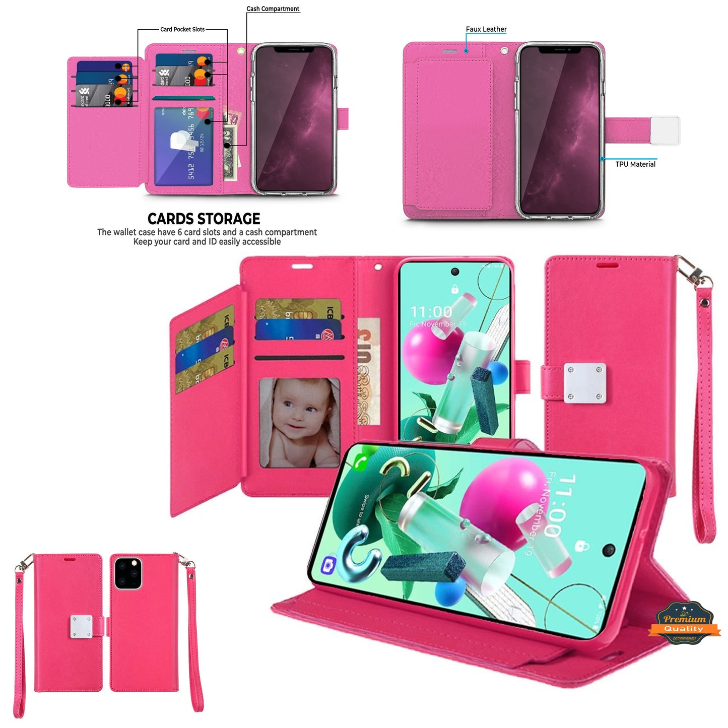 For Google Pixel 9A Wallet Cases PU Leather with Credit Card /ID /Cash Holder Slot Dual Flip Book Pouch, Stand and Strap Case Cover Hot Pink