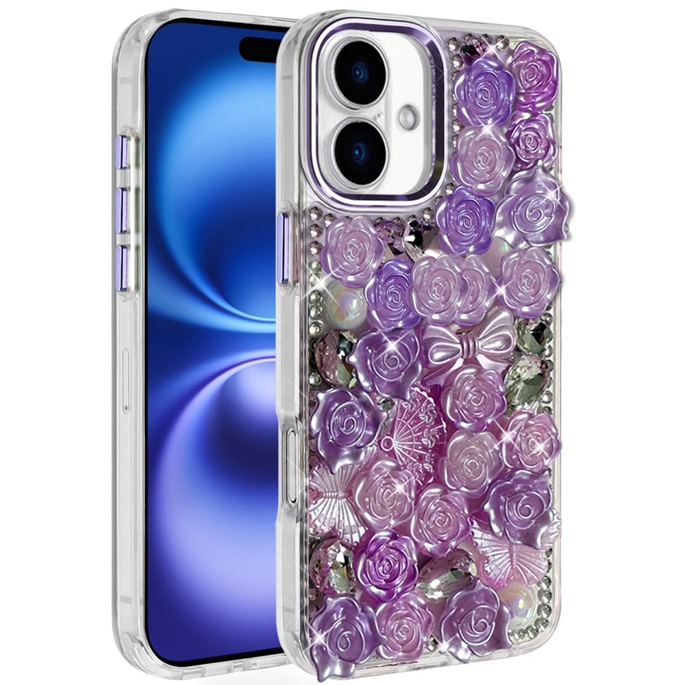 For Apple iPhone 17 (6.3") Muti-Color Floral Fashion Bling Crystal 3D Full Diamonds Stones Sparkle Rhinestone Glitter Hybrid Case Cover