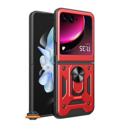 For Motorola Razr+ 2025, Motorola Razr+ Plus (2025) Shockproof Hybrid Dual Layer PC + TPU with Metal Ring Kickstand Heavy Duty Armor Shell Case Cover Red