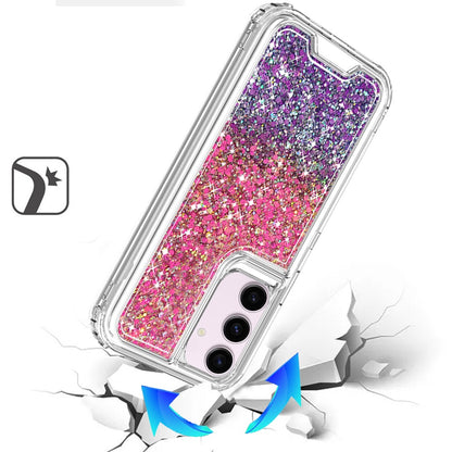 For Samsung Galaxy S23 Epoxy Bling Glitter Sparkly 3-in-1 Transparent Hybrid Full-Body Shockproof PC Bumper Case Cover Hot Pink+Purple