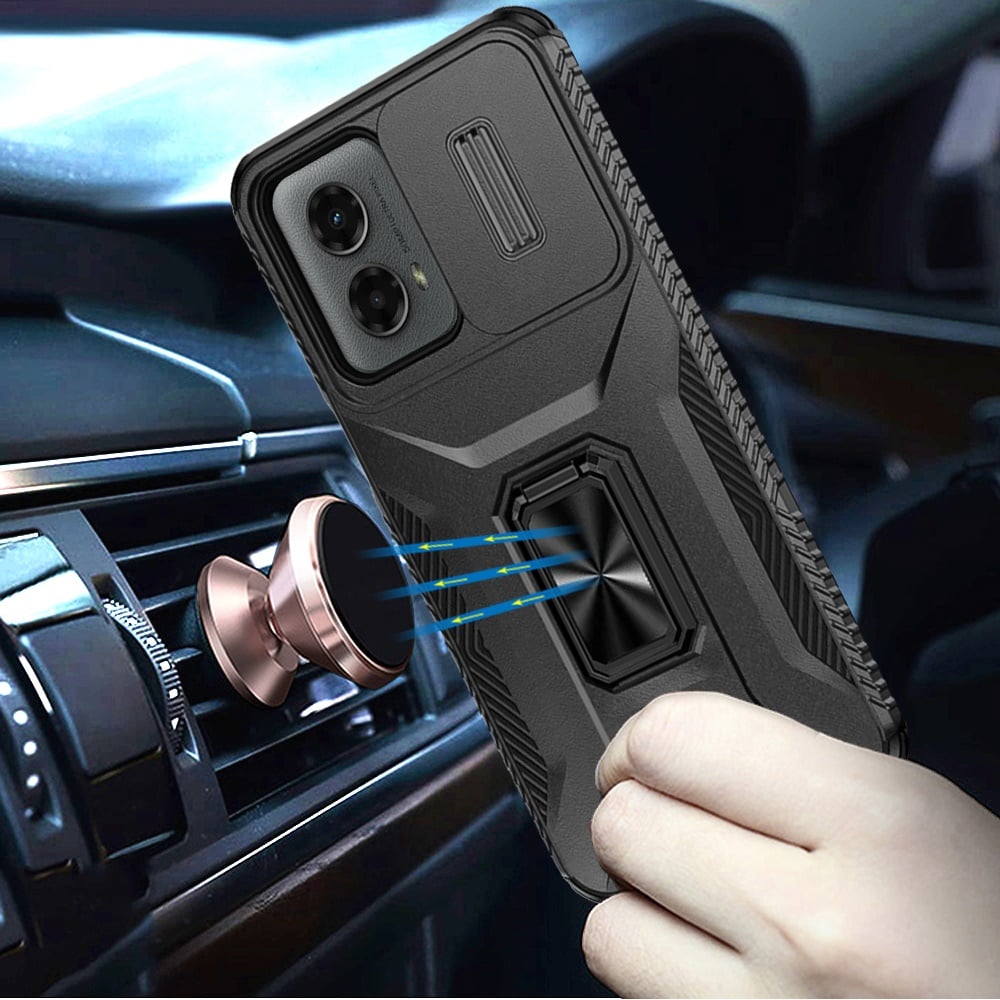 For Motorola Edge 2024 Case, Camera Cover with Magnetic Rotation Ring Stand, Military Grade Hybrid Hard TPU Shockproof Case Cover Black