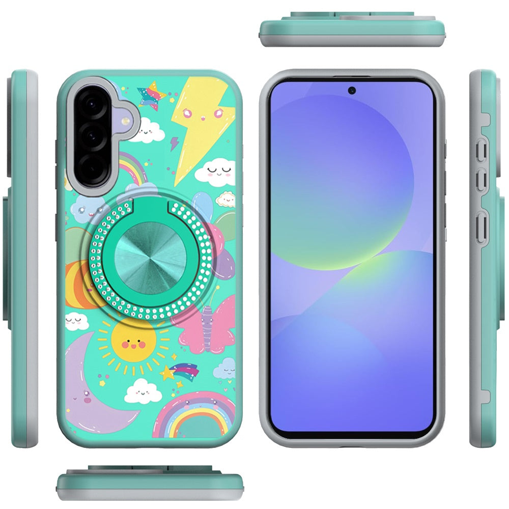 For Samsung Galaxy A37 Pattern Design Hybrid with Invisible Ring Stand & Magnetic Back, Shockproof Protective Grip Case Cover