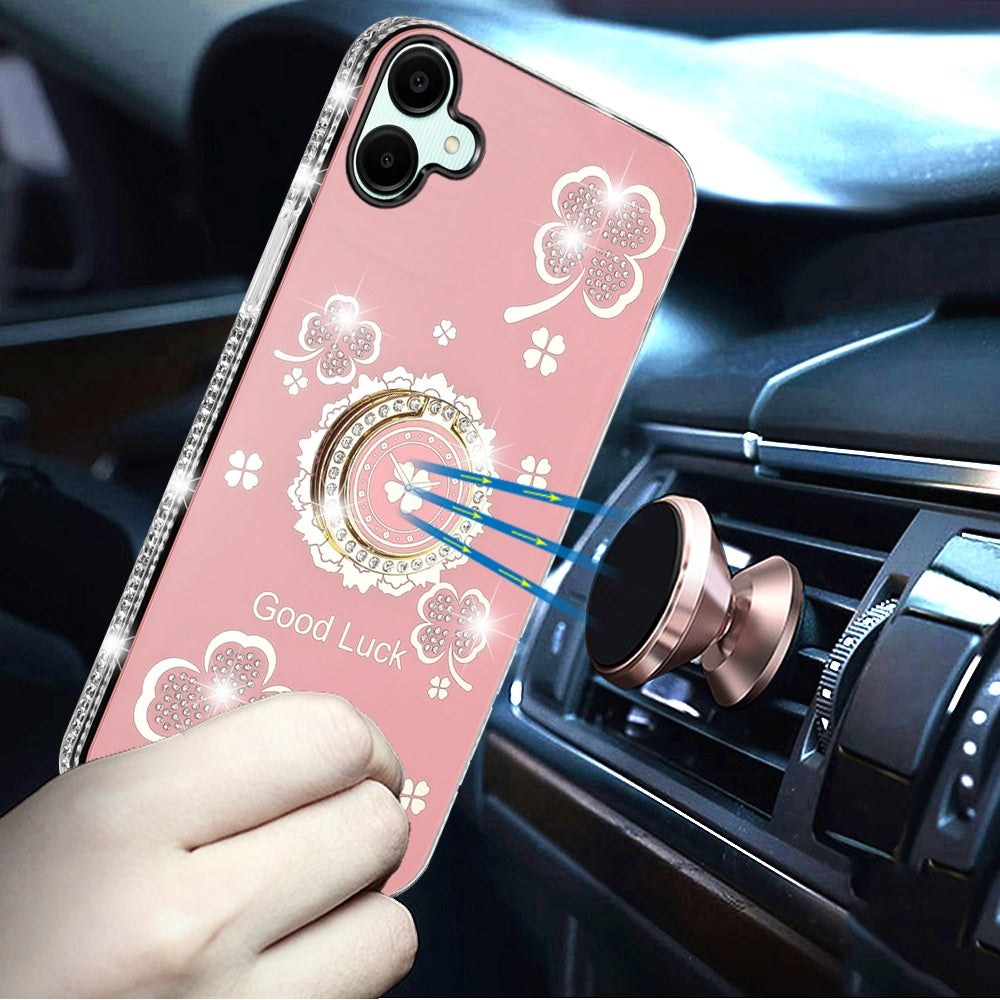 For Samsung Galaxy A06 Diamonds Bling All Around Edges Sparkly Glitter Hybrid with Ring Stand Holder Fashion Good Luck Case Cover